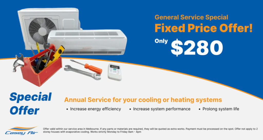 An offer of annual service for heating and cooling systems at a fixed price of $280 from Casey Air. 