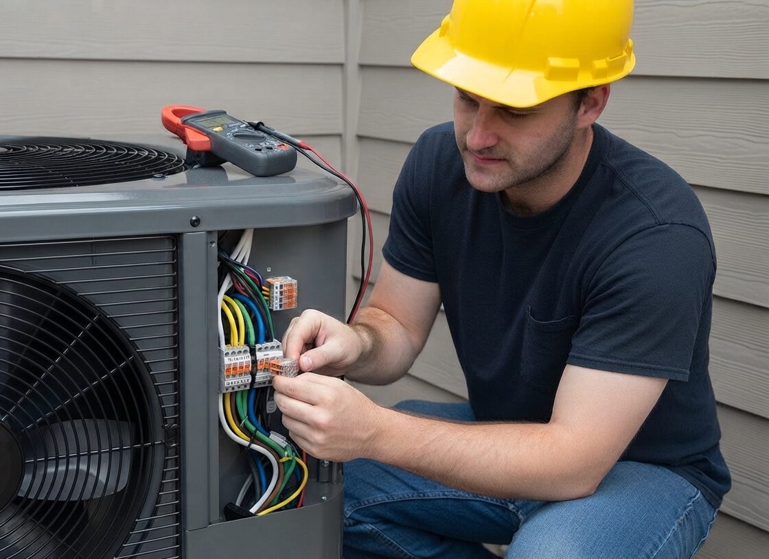 Heating and Cooling Technician making repairs